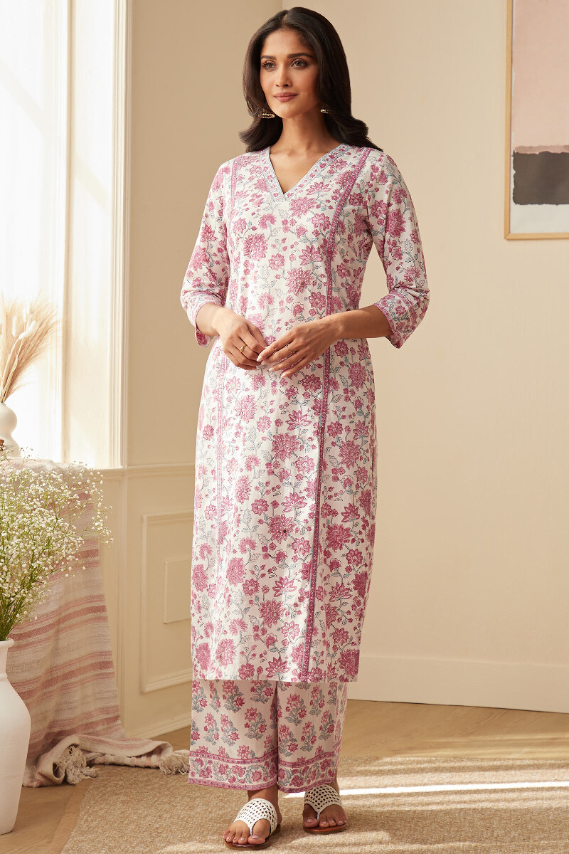 White Hand Block-Printed Straight Cotton Kurta