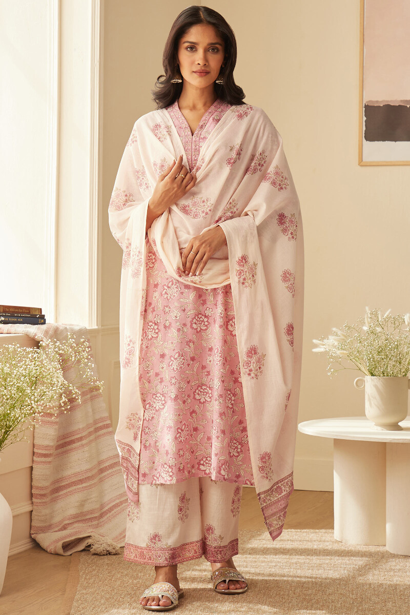 Light Pink Hand Block-Printed Cotton Mul Dupatta
