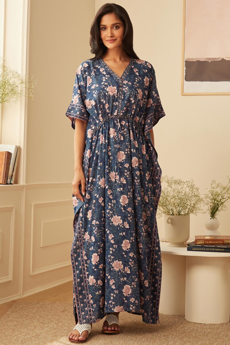 Blue Hand Block-Printed Cotton Mul Kaftan