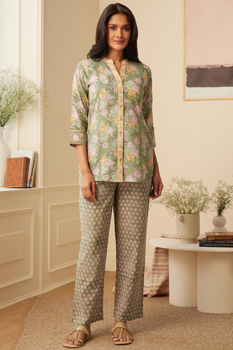Green Hand Block-Printed Cotton Dobby Loungewear Set