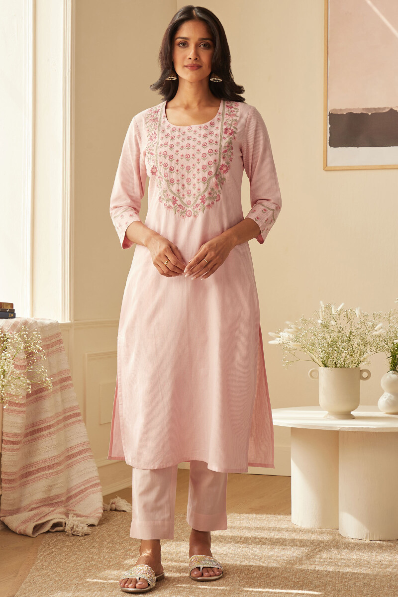 Pink Handcrafted Straight Cotton Kurta