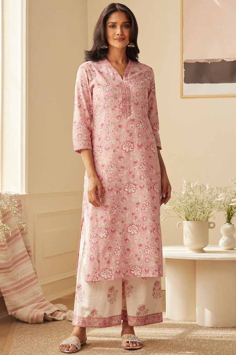 Pink Hand Block-Printed Straight Cotton Slub Kurta