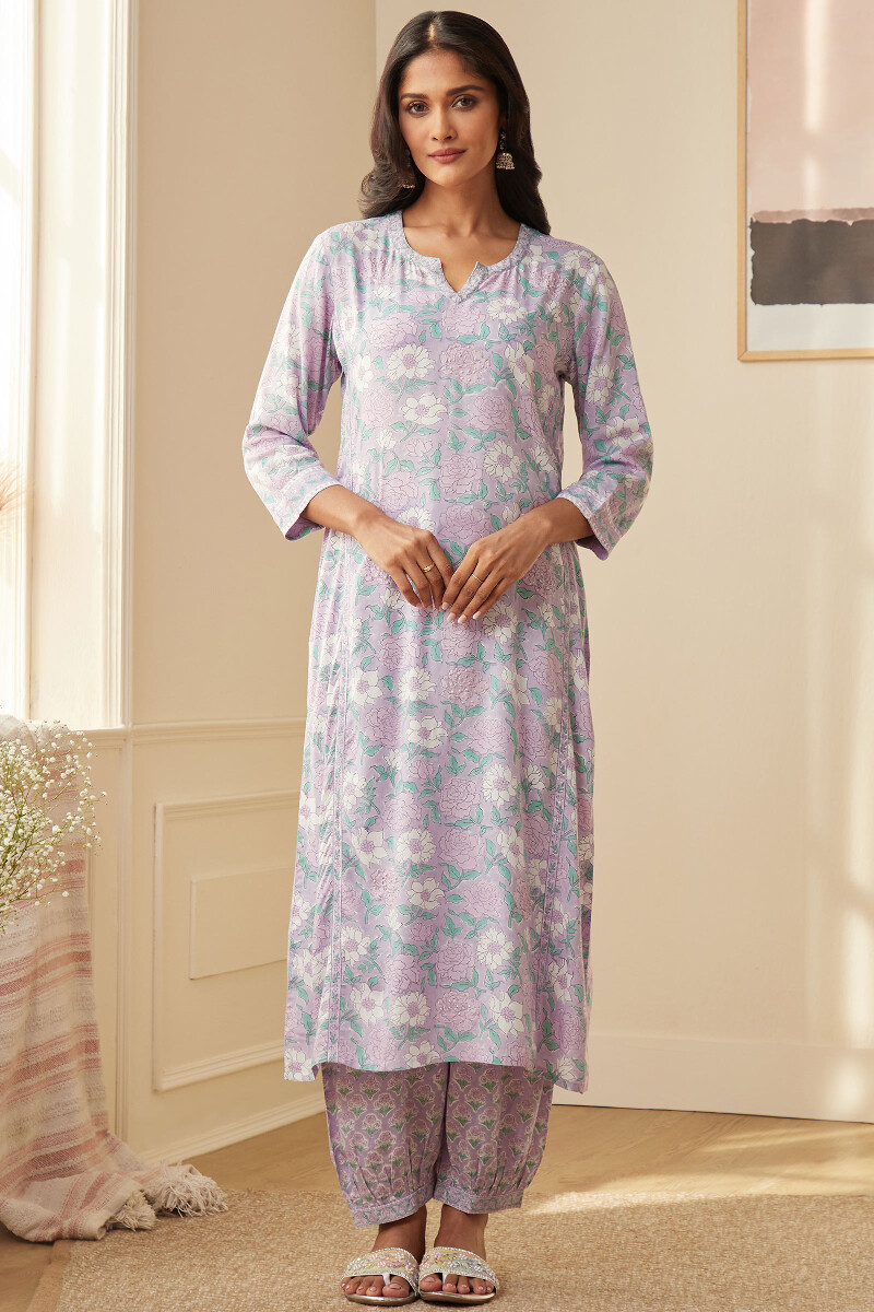 Purple Hand Block-Printed Straight Viscose Kurta