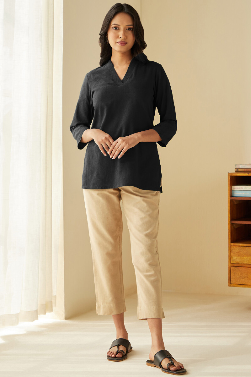 Black Handcrafted Cotton Flax Top