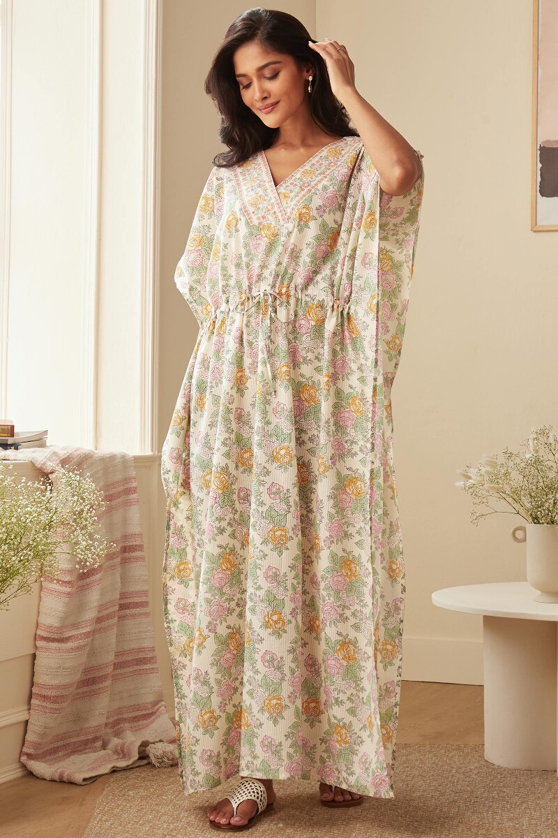 Off-White Hand Block-Printed Cotton Dobby Kaftan