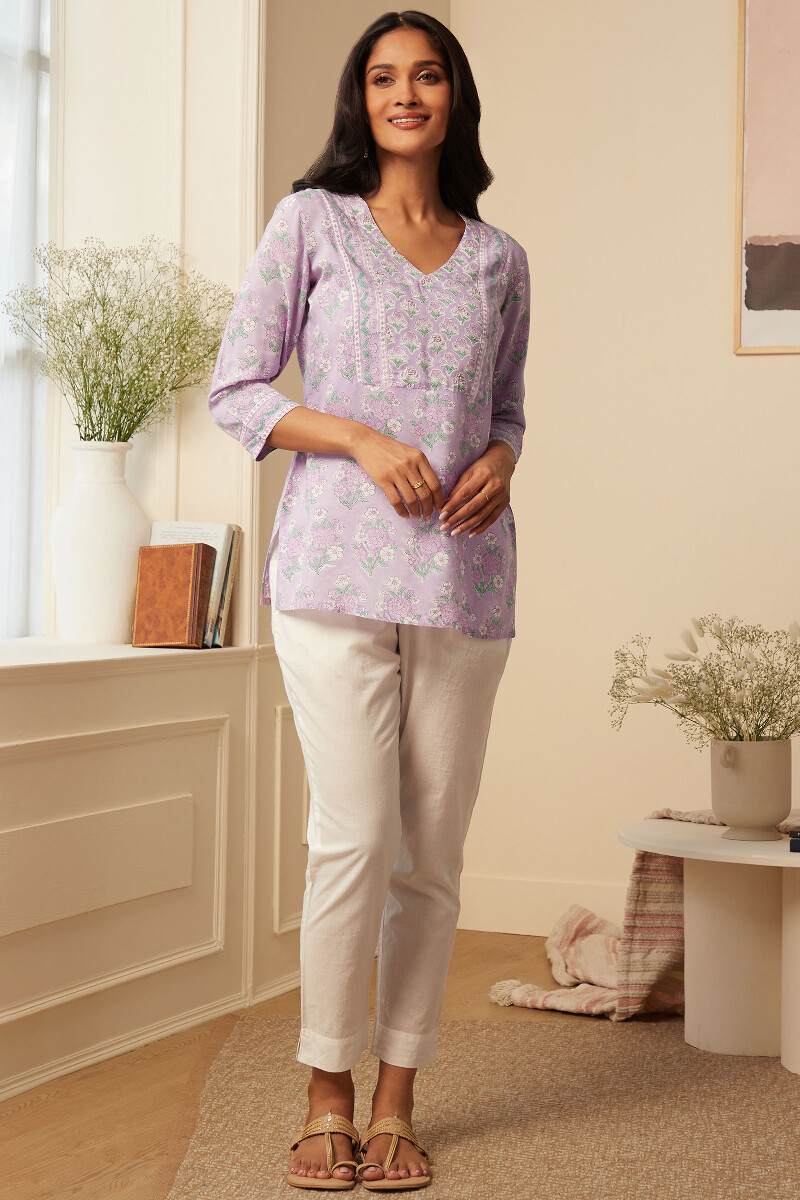 Purple Hand Block-Printed Viscose Top
