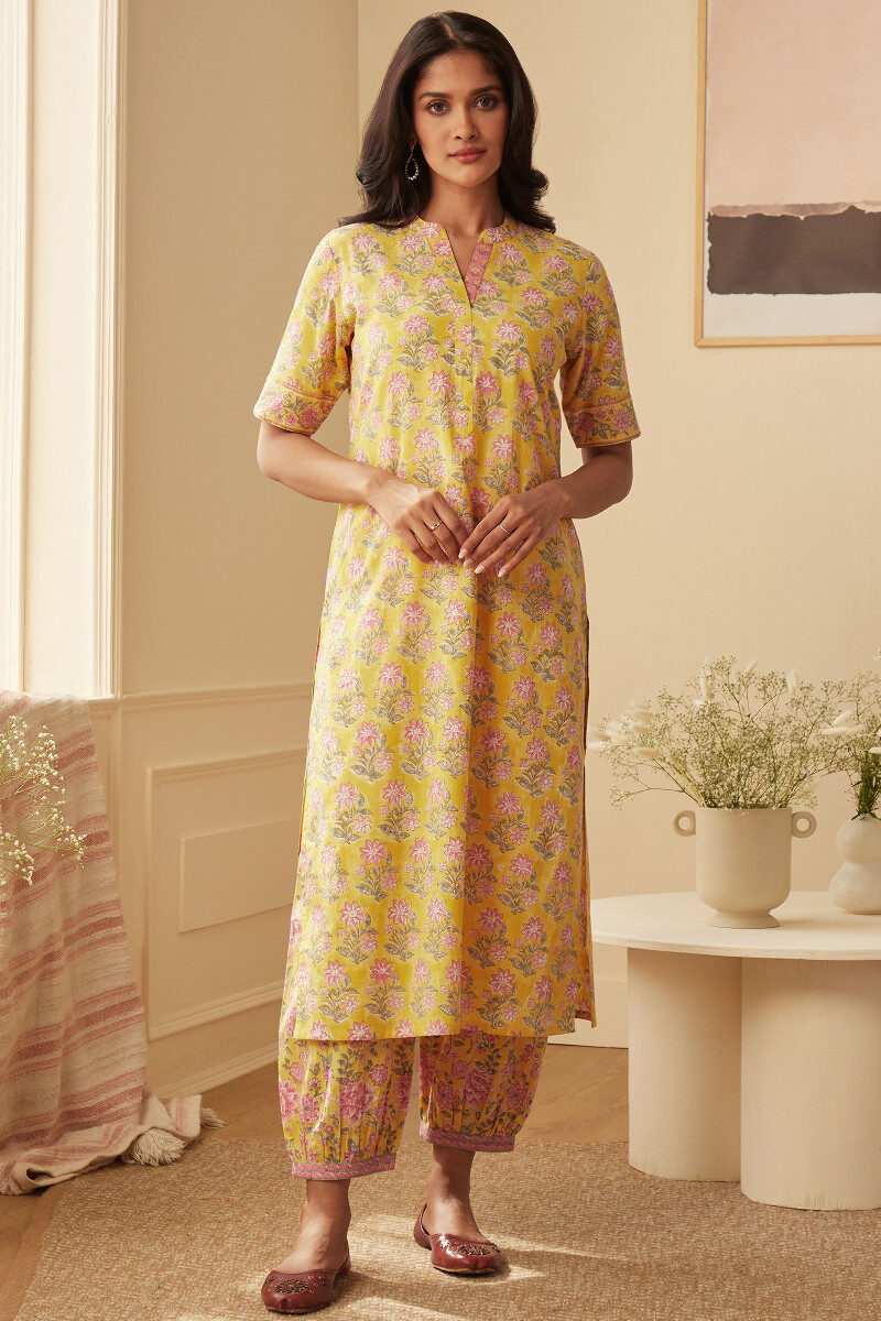 Yellow Hand Block-Printed Straight Cotton Kurta