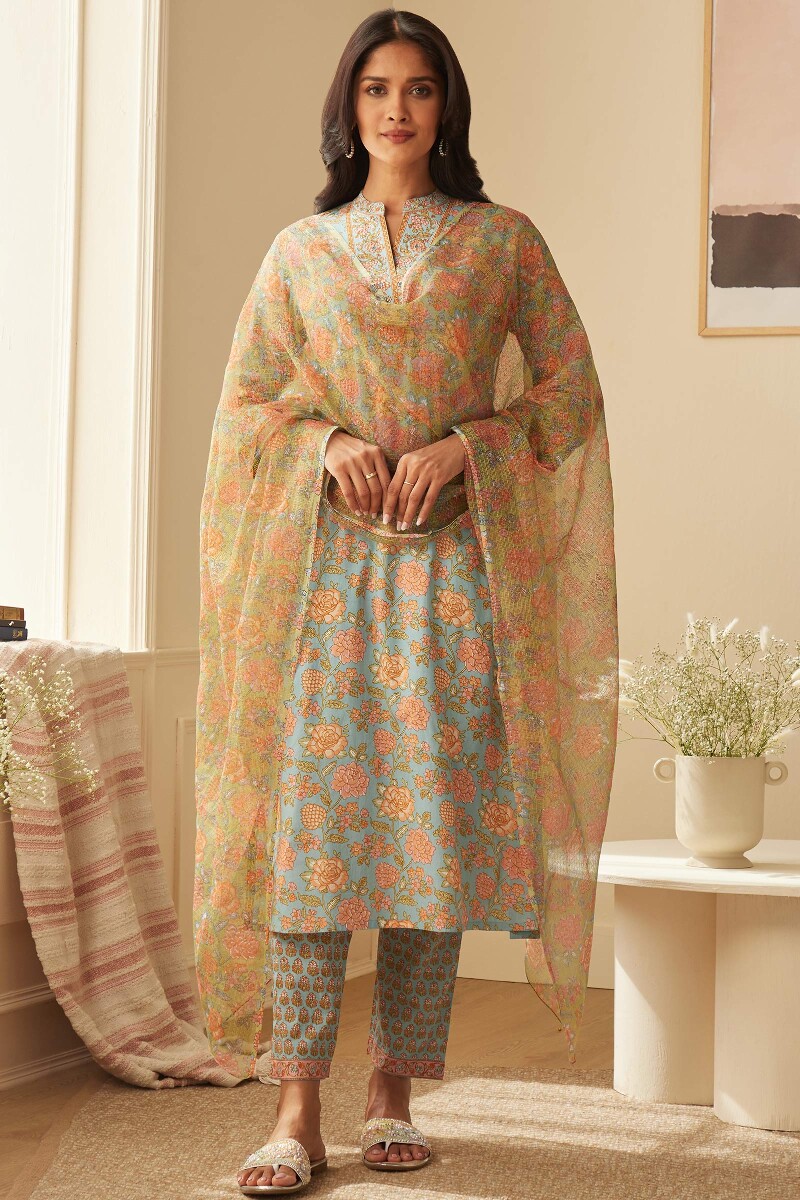 Blue Hand Printed Viscose Narrow Pants