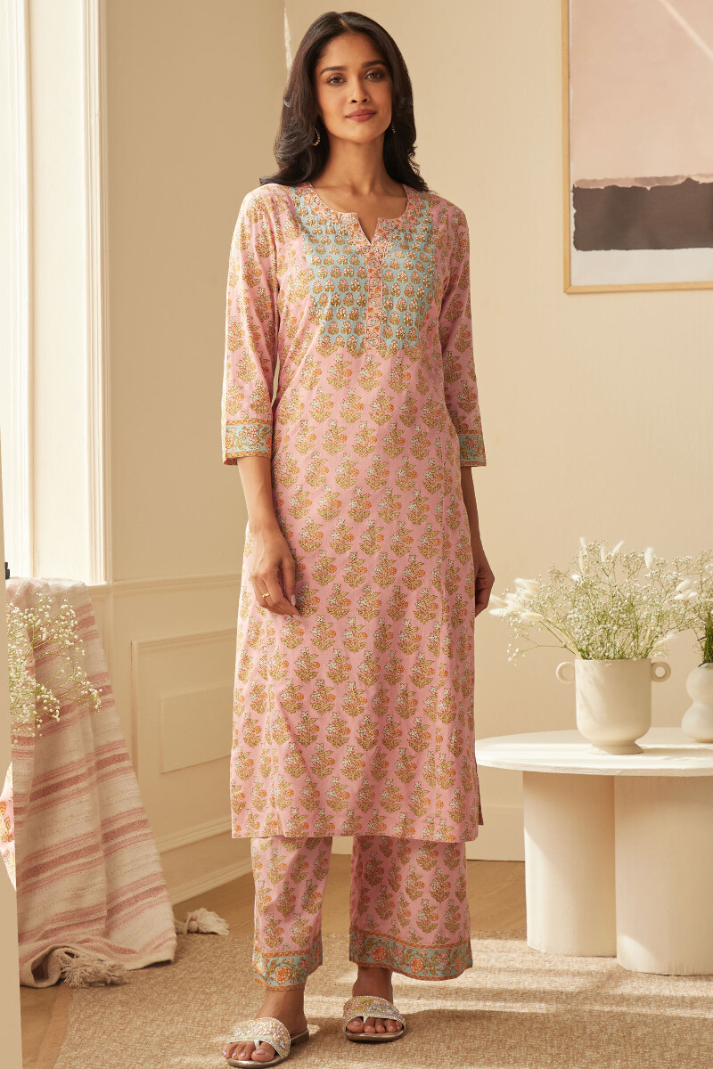 Pink Hand Printed Straight Viscose Kurta