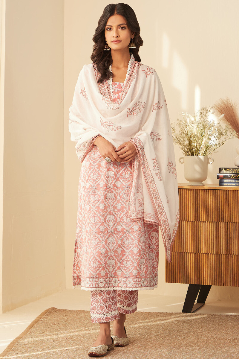 White Hand Block-Printed Cotton Narrow Pants