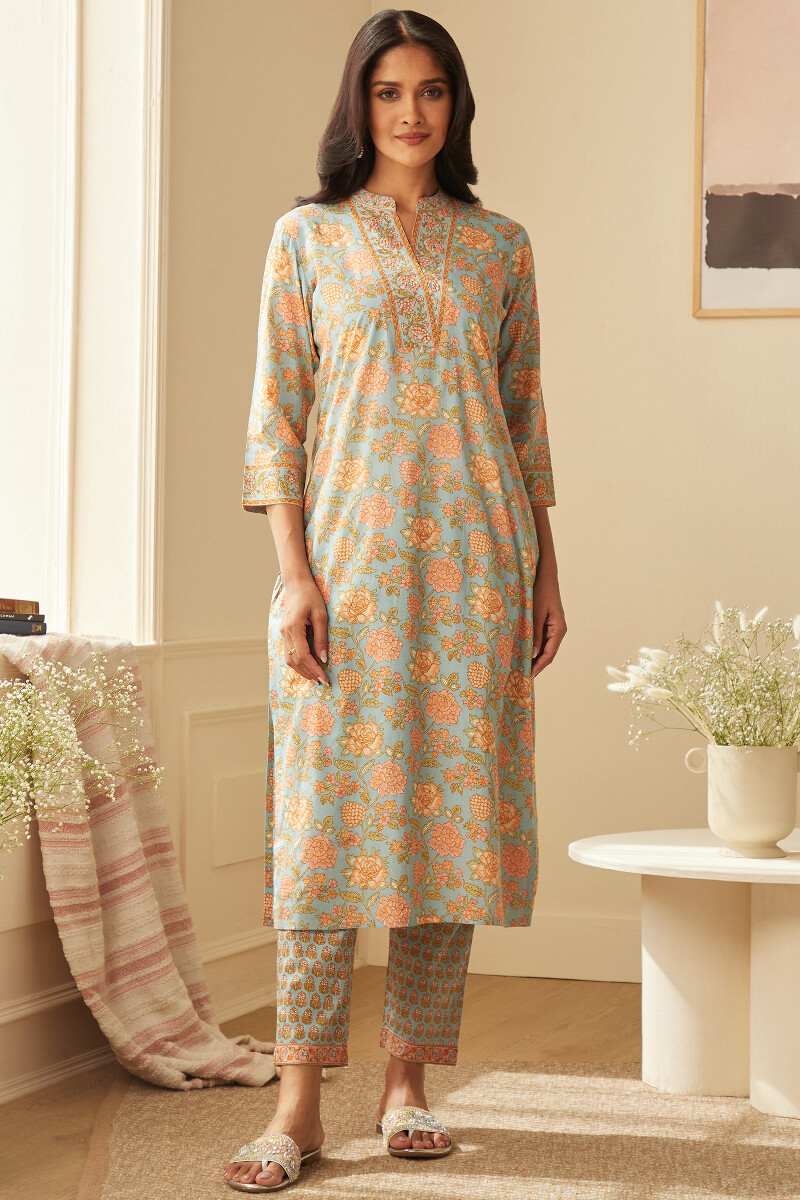 Blue Hand Printed Straight Viscose Kurta