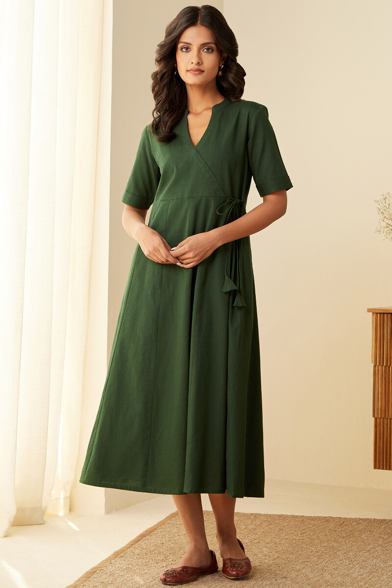 Forest Green Handcrafted Cotton Flax Dress