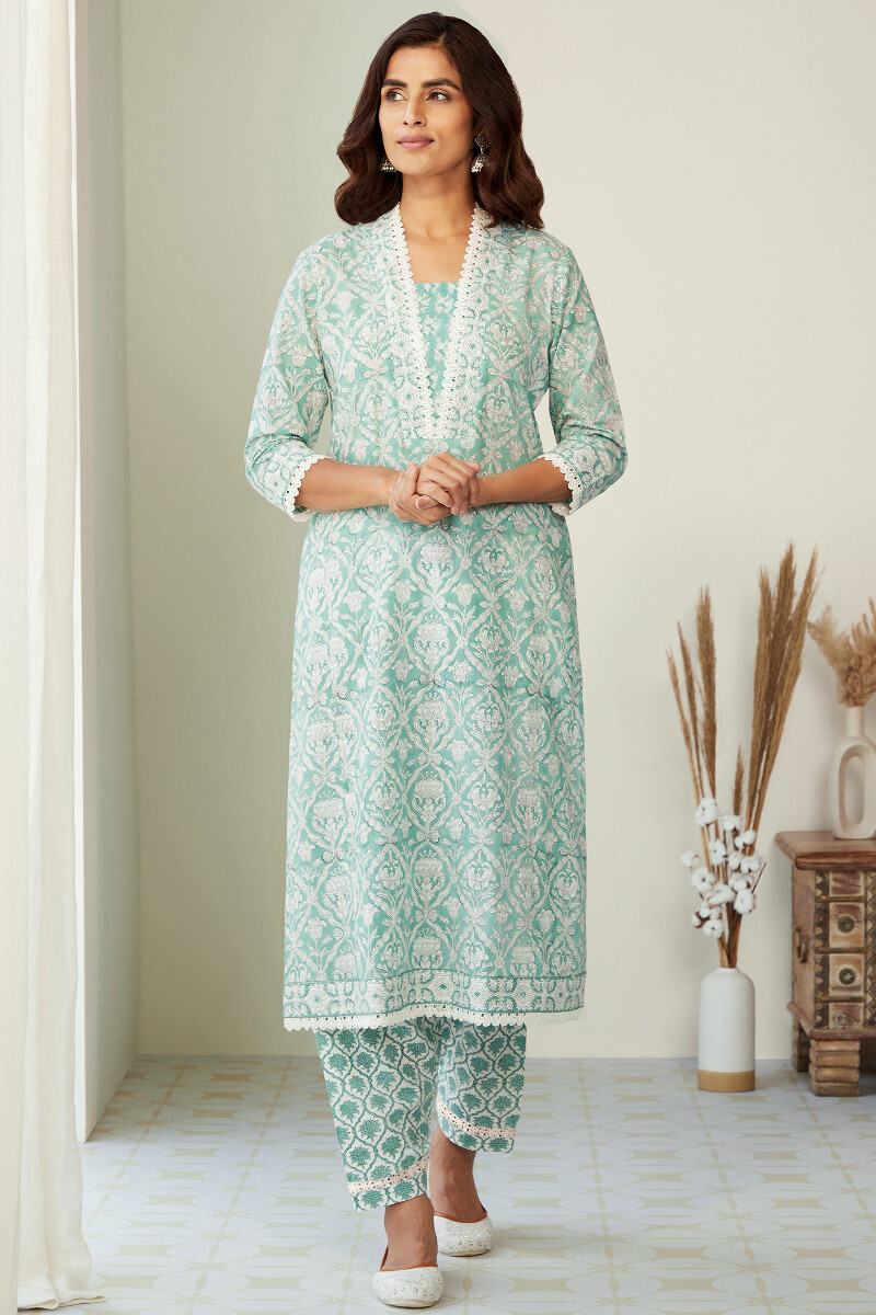 Green Hand Block-Printed Straight Cotton Kurta