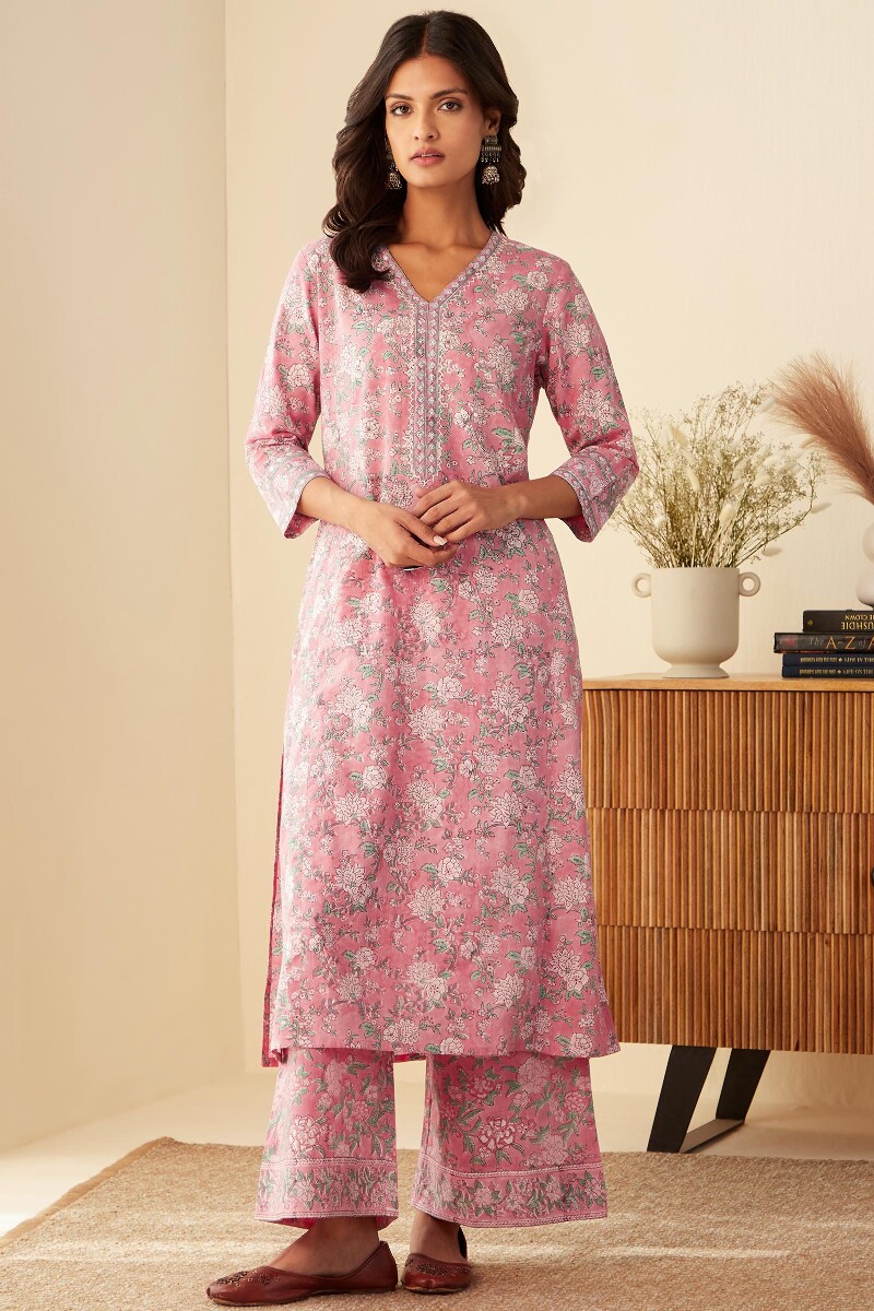 Pink Hand Block-Printed Straight Cotton Kurta