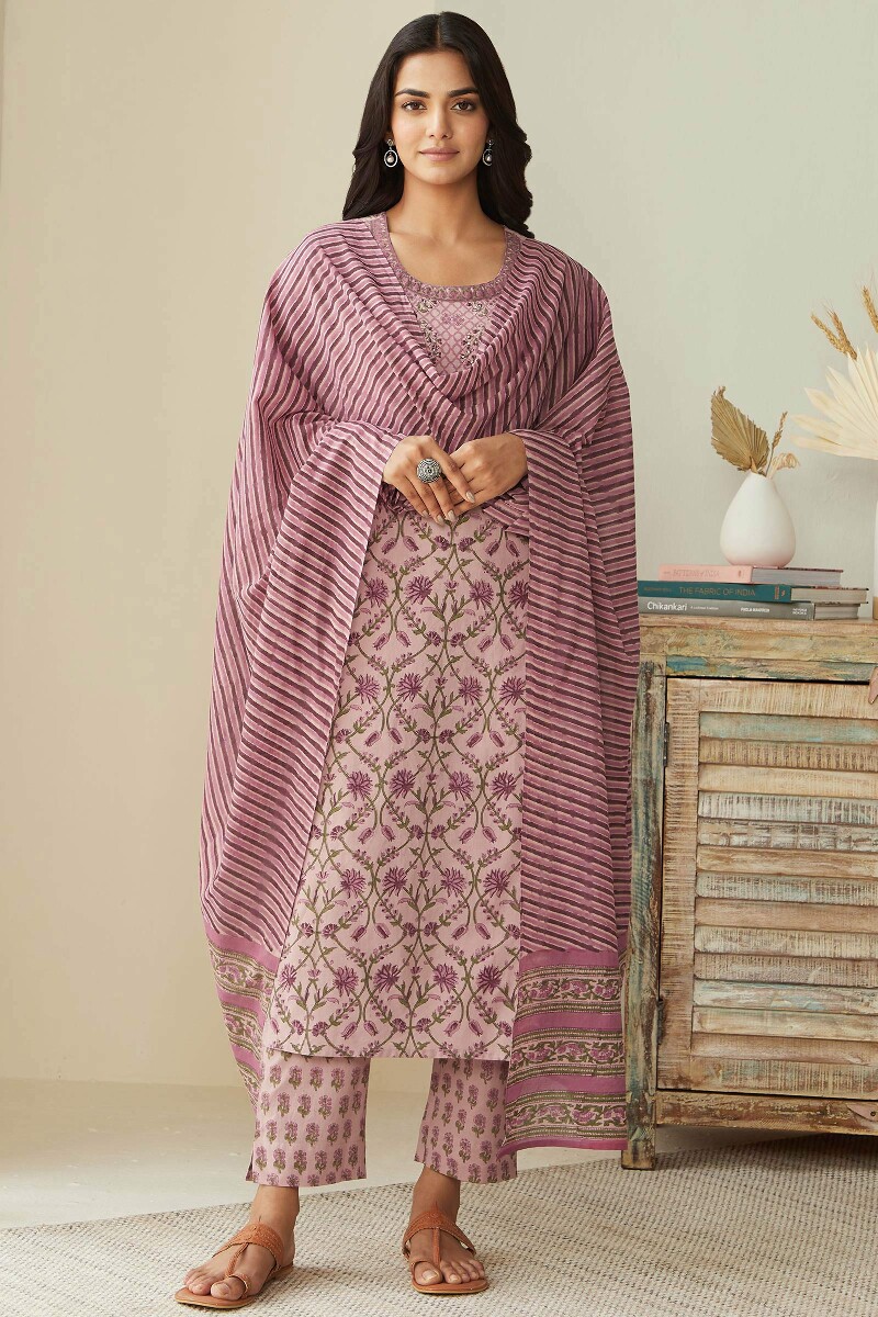Mauve Hand Block-Printed Cotton Narrow Pants