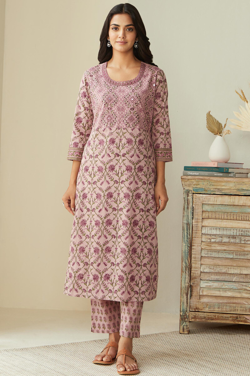 Pink Hand Block-Printed Straight Cotton Kurta
