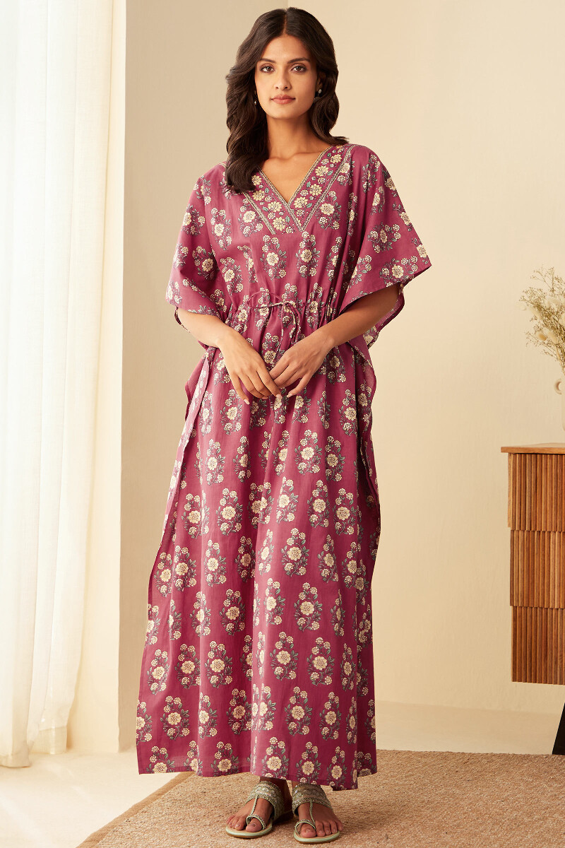 Red Hand Printed Cotton Kaftan