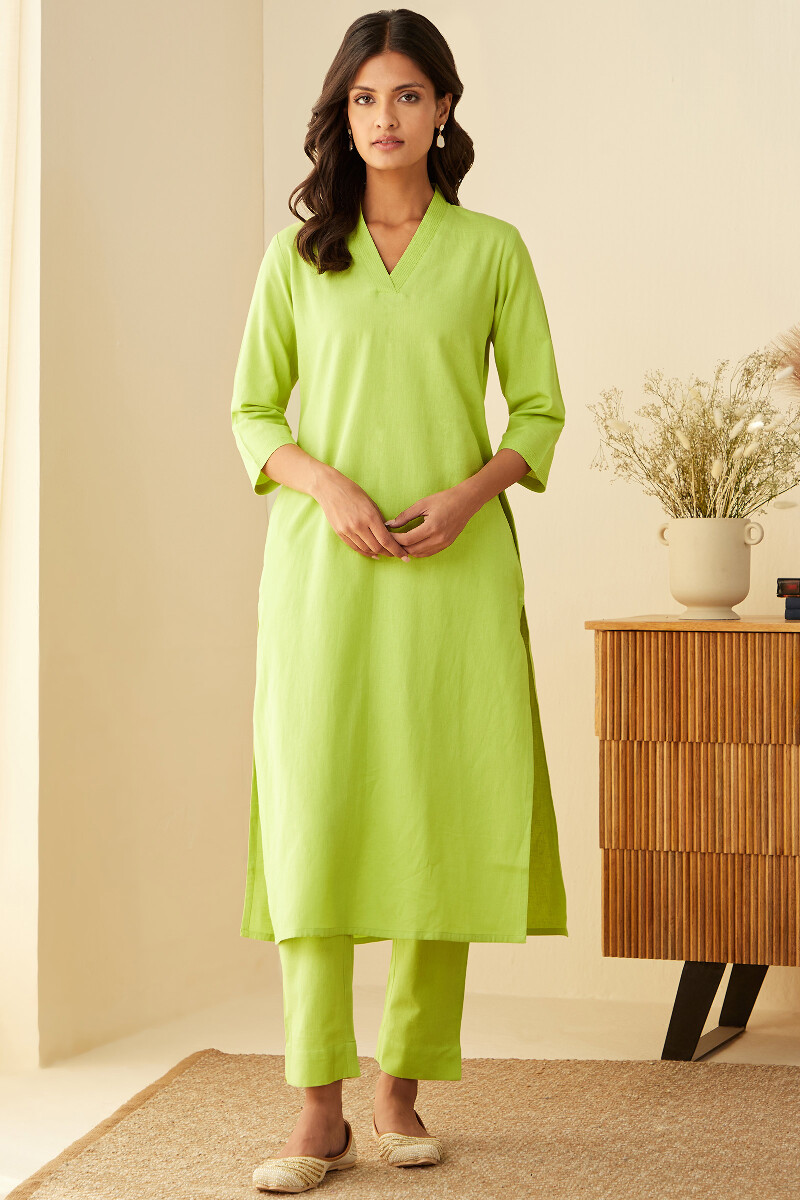 Lime Green Handcrafted Cotton Linen Narrow Pants