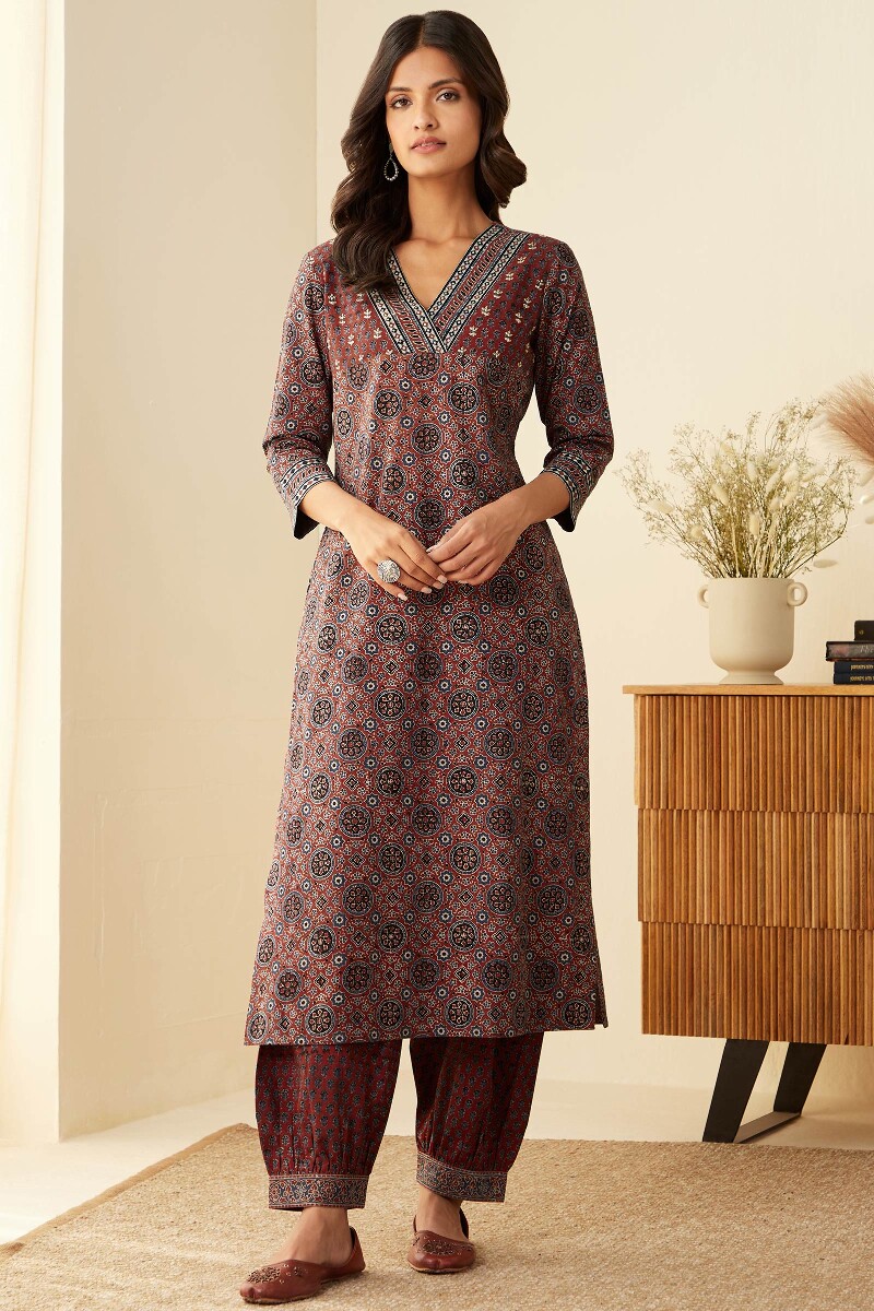 Ajrak Hand Block-Printed Straight Cotton Kurta