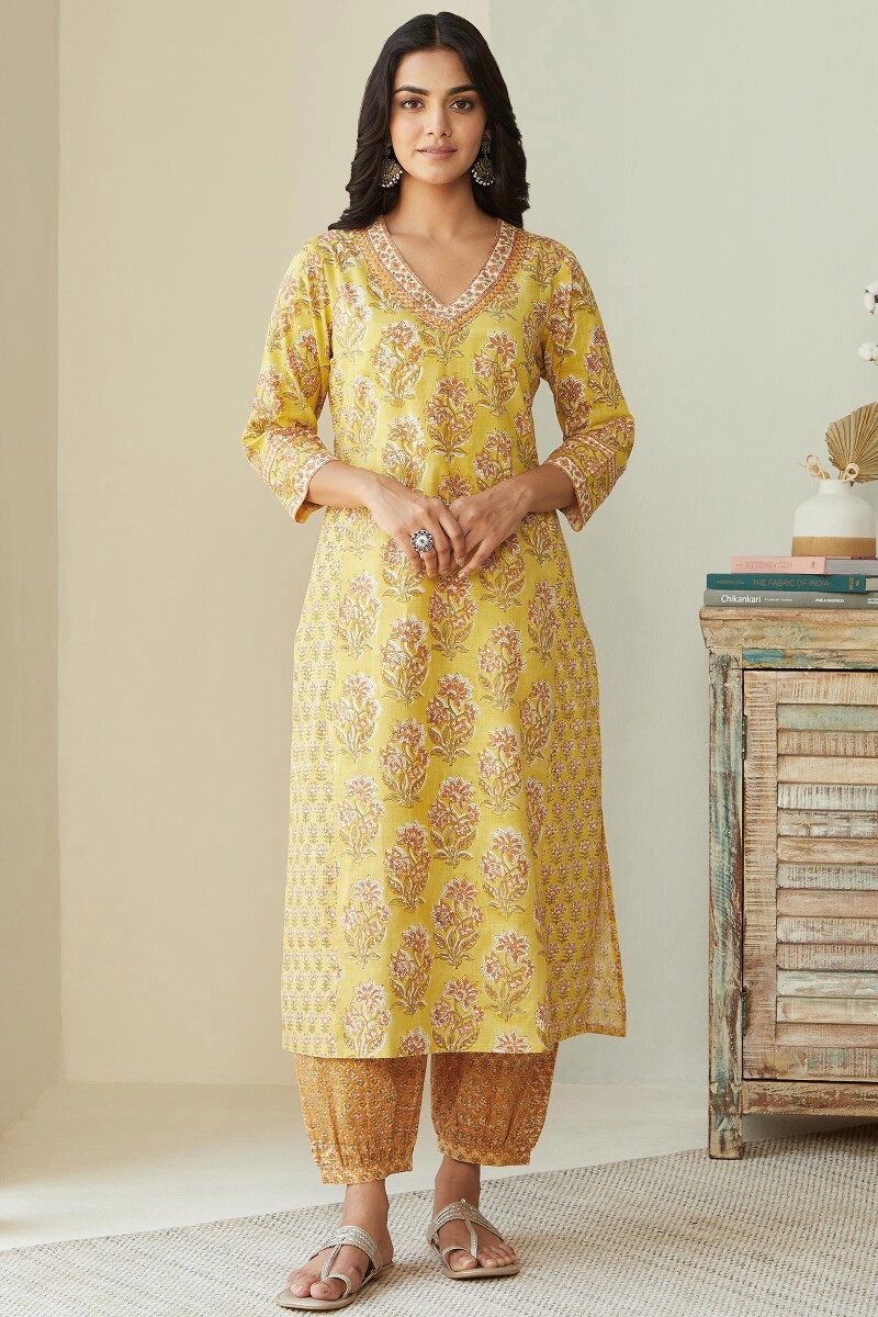 Yellow Hand Block-Printed Straight Cotton Slub Kurta