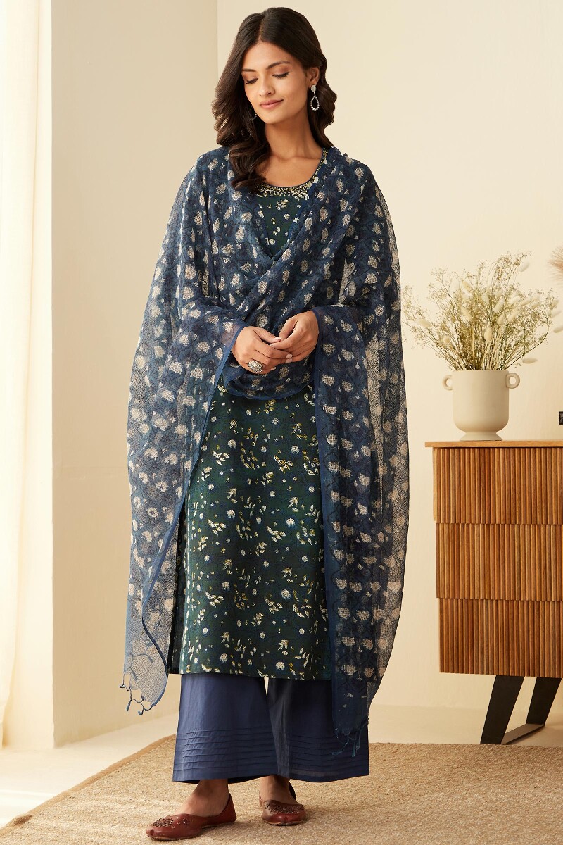 Indigo Hand Block-Printed Kota Dupatta