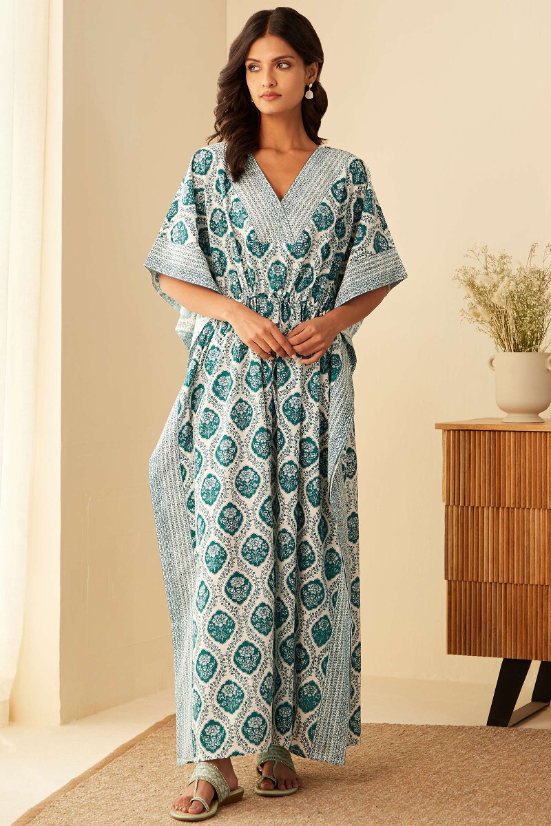 White Hand Printed Cotton Slub Kaftan