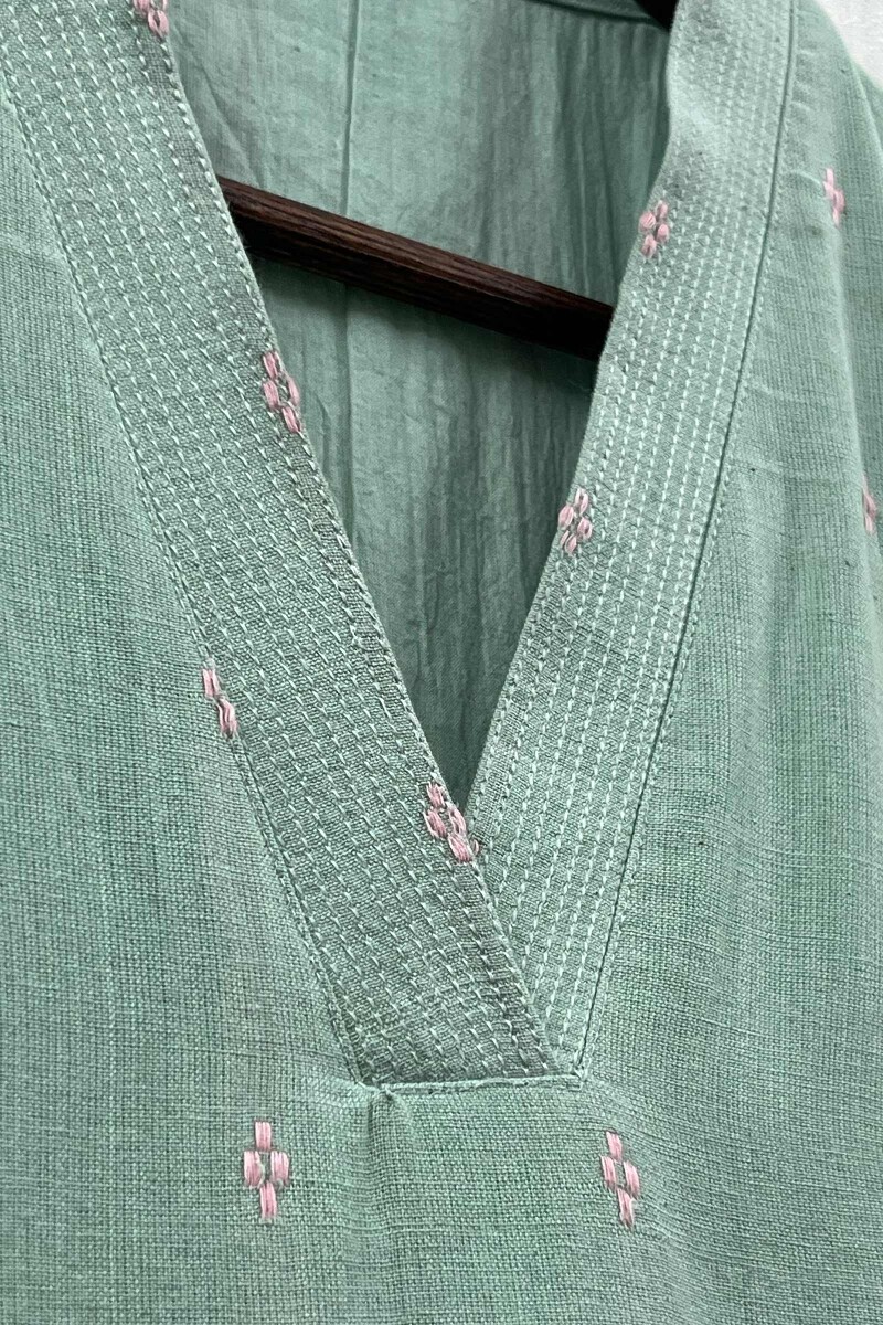Mint Green Handcrafted Straight Handloom Cotton Kurta
