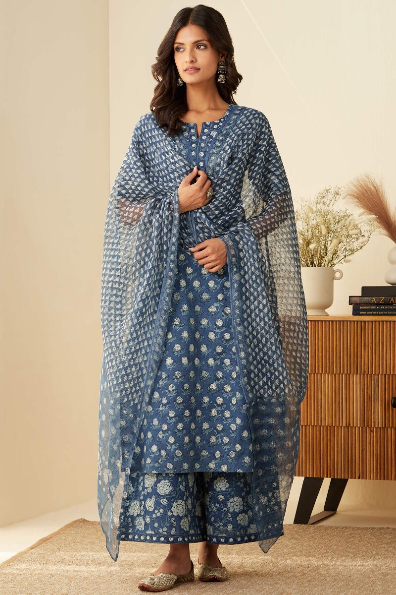 Indigo Hand Block-Printed Kota Dupatta