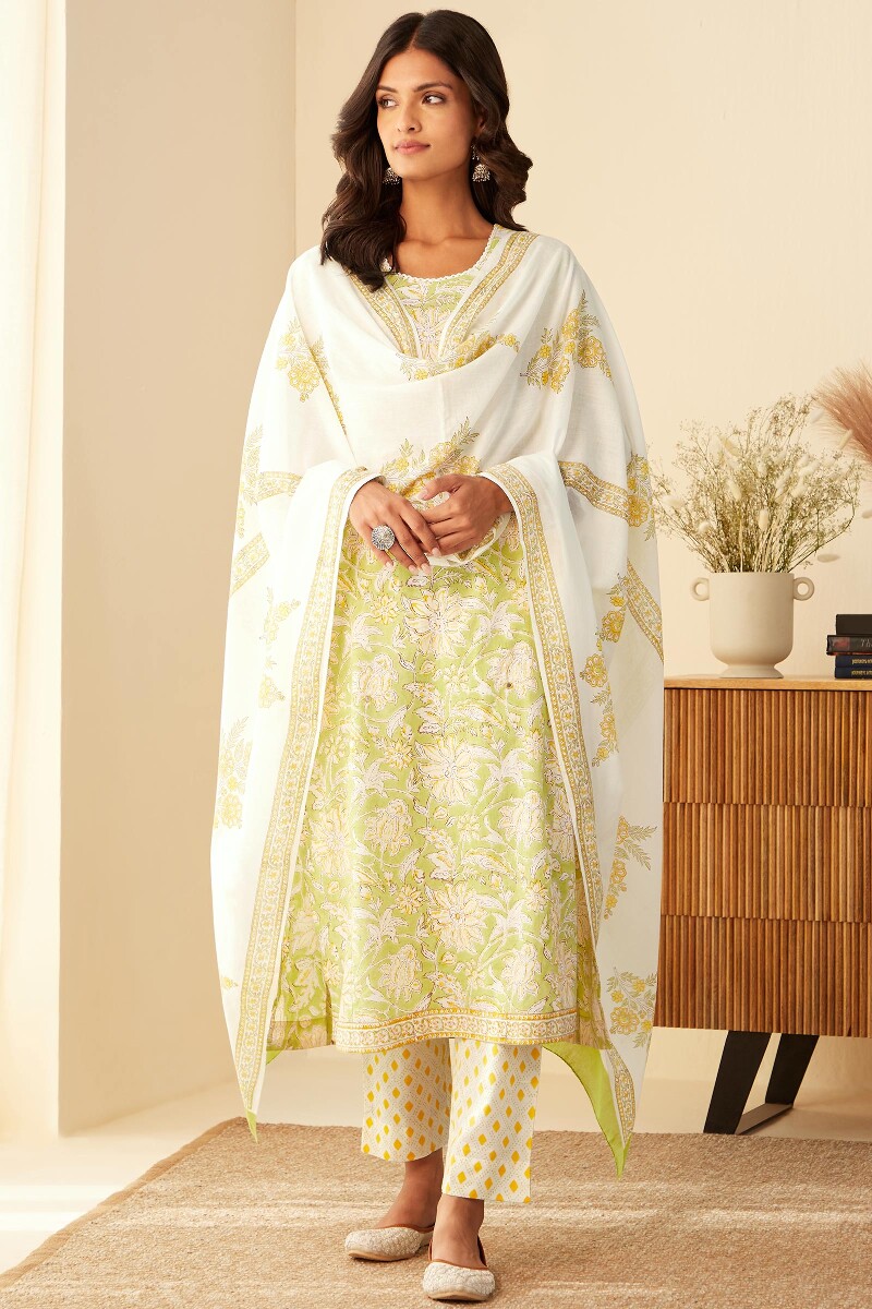 White Hand Block-Printed Cotton Mul Dupatta
