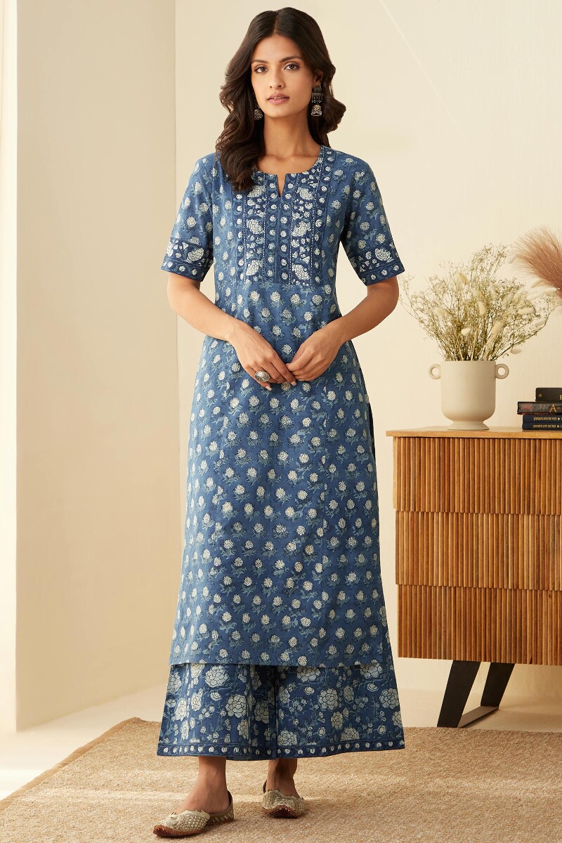 Indigo Hand Block-Printed Straight Cotton Kurta