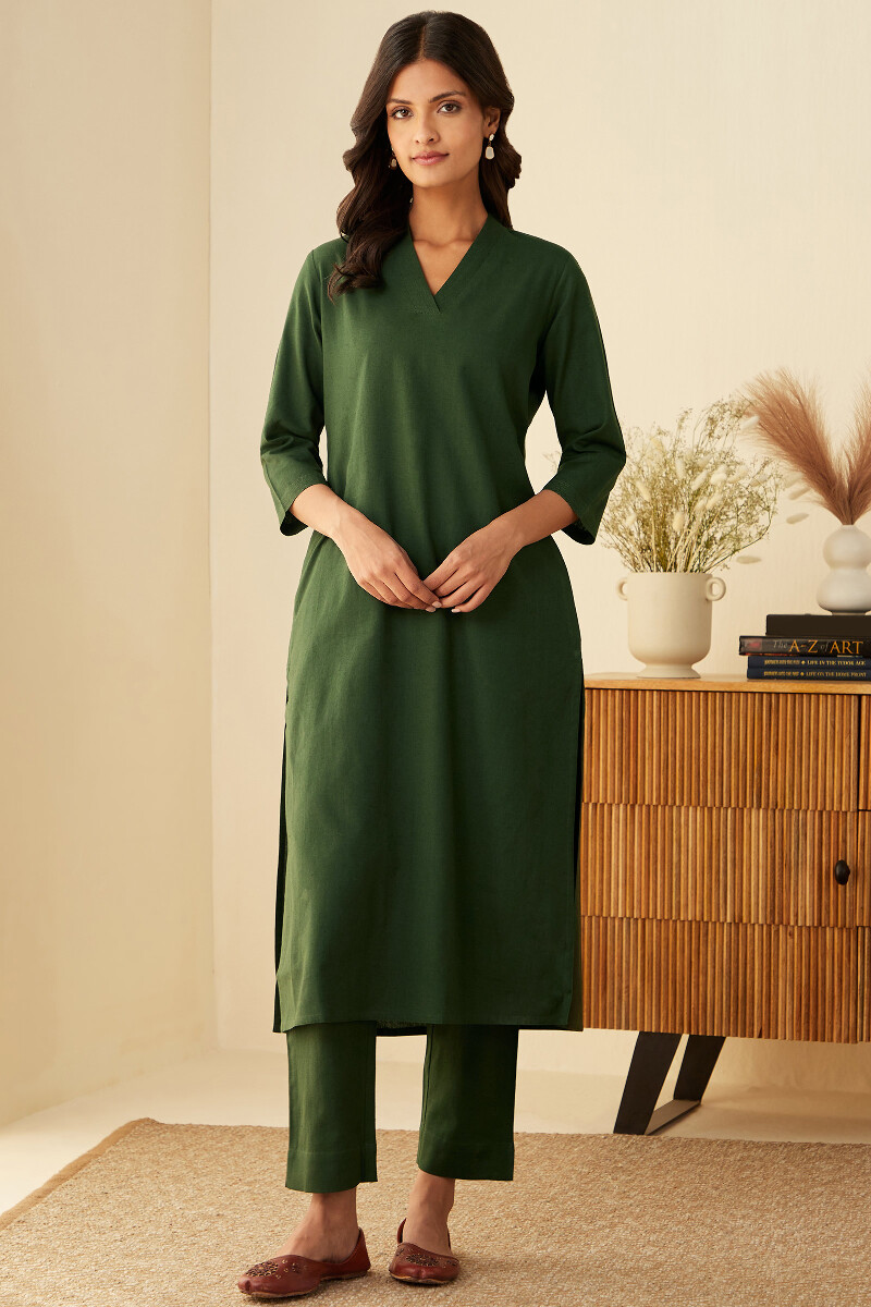 Green Handcrafted Cotton Flax Narrow Pants