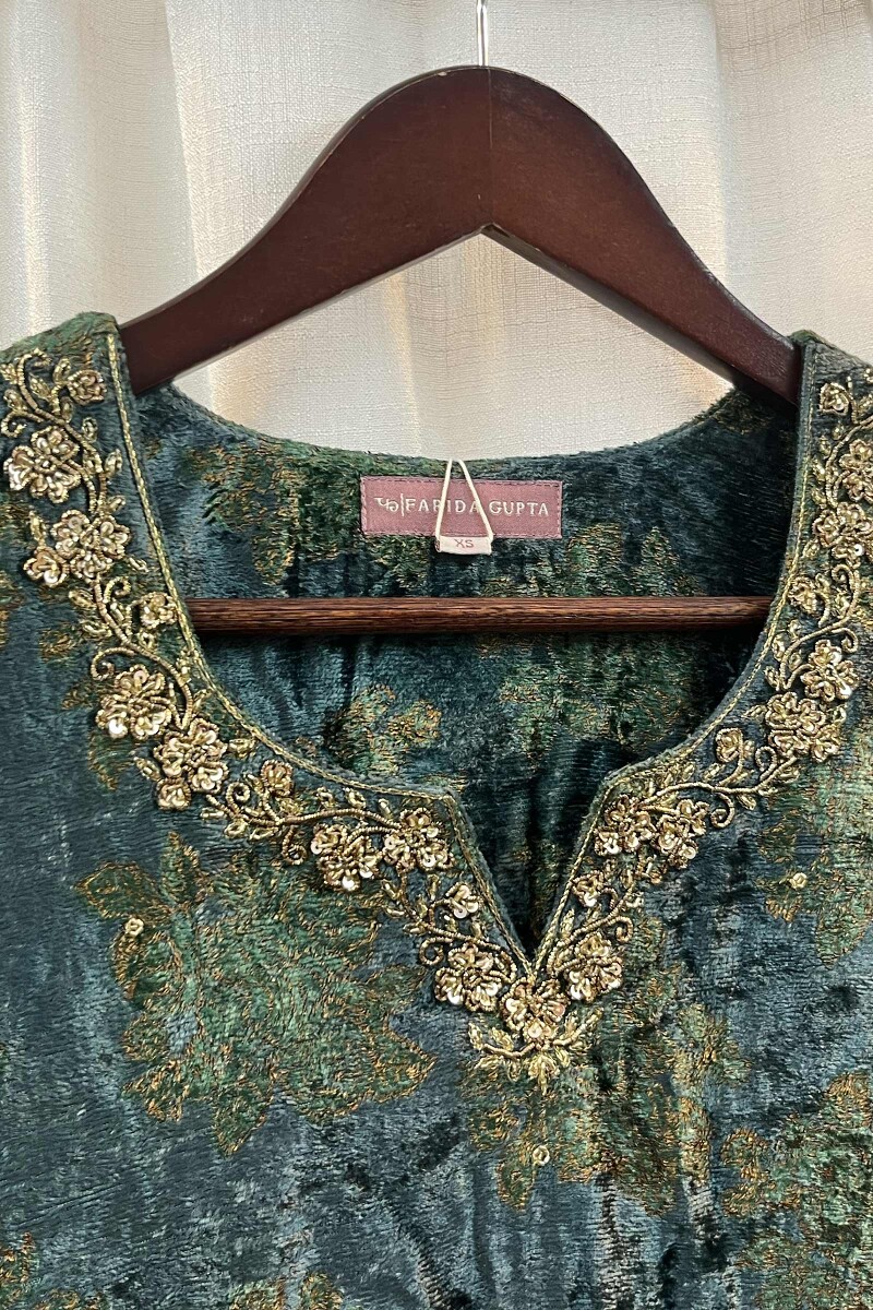 FG Specials: 1 of 1- Teal Handcrafted Straight Velvet Kurta