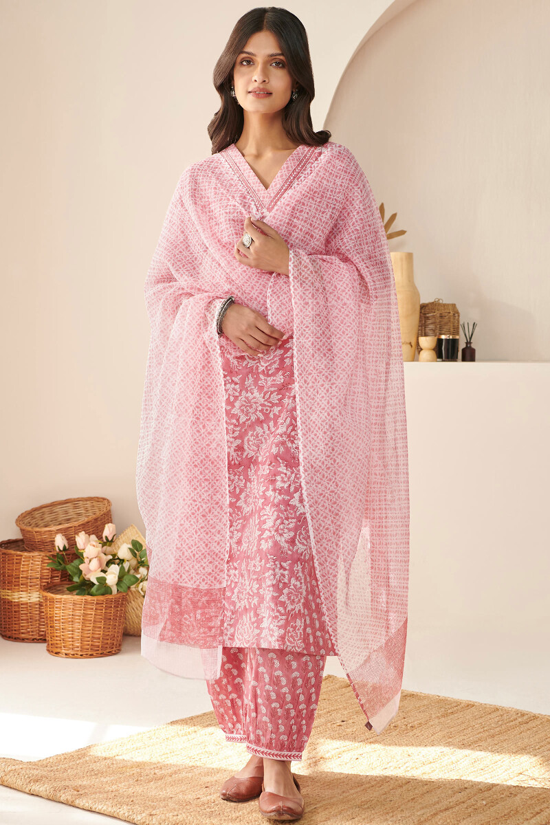 Pink Hand Block-Printed Kota Dupatta