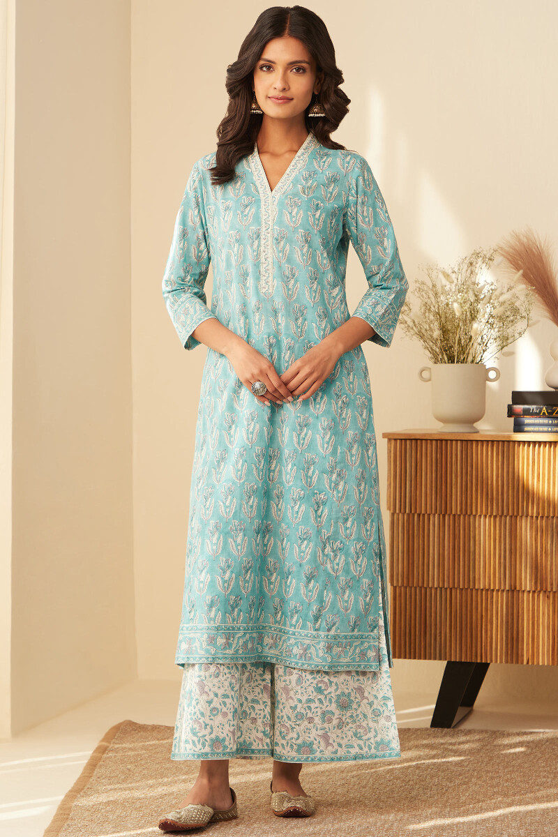 Blue Hand Block-Printed Straight Cotton Slub Kurta