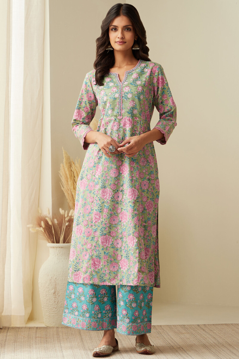 Green Hand Block-Printed Straight Cotton Kurta
