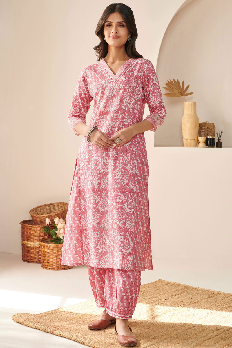 Pink Hand Block-Printed Straight Cotton Kurta