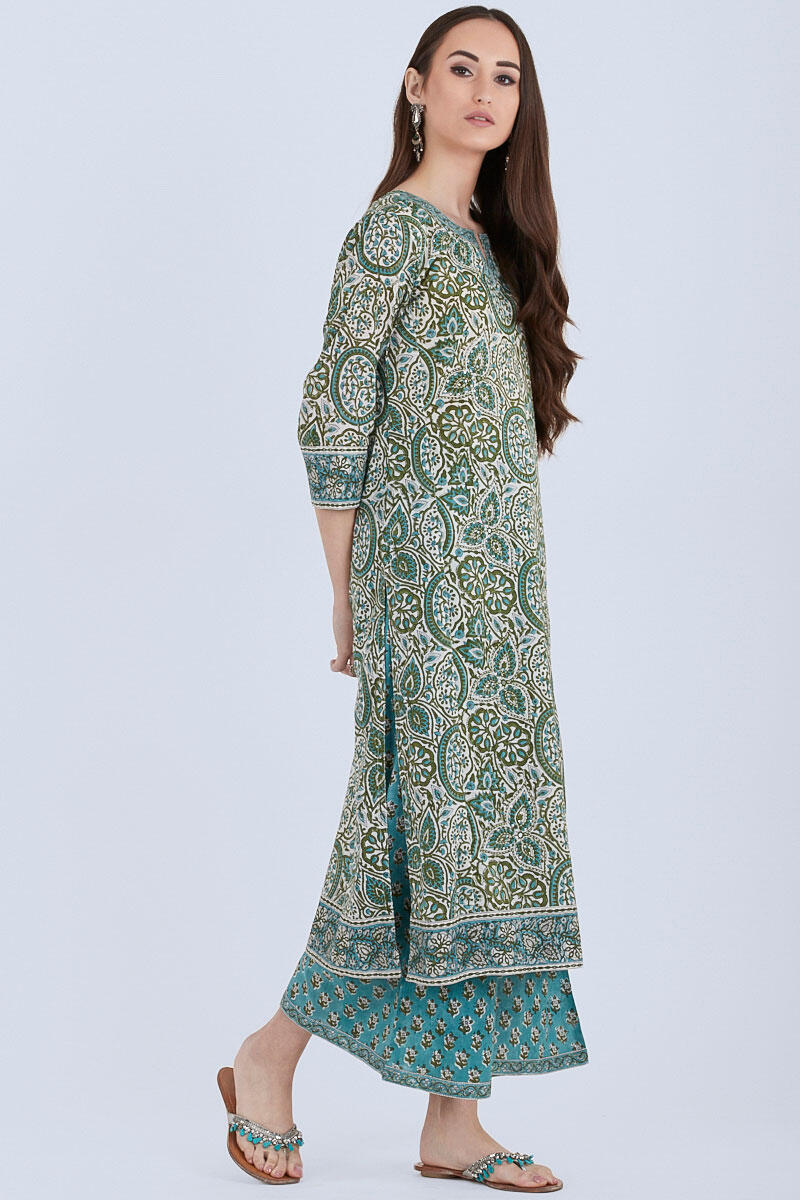 Green Block Printed Straight Cotton Kurta
