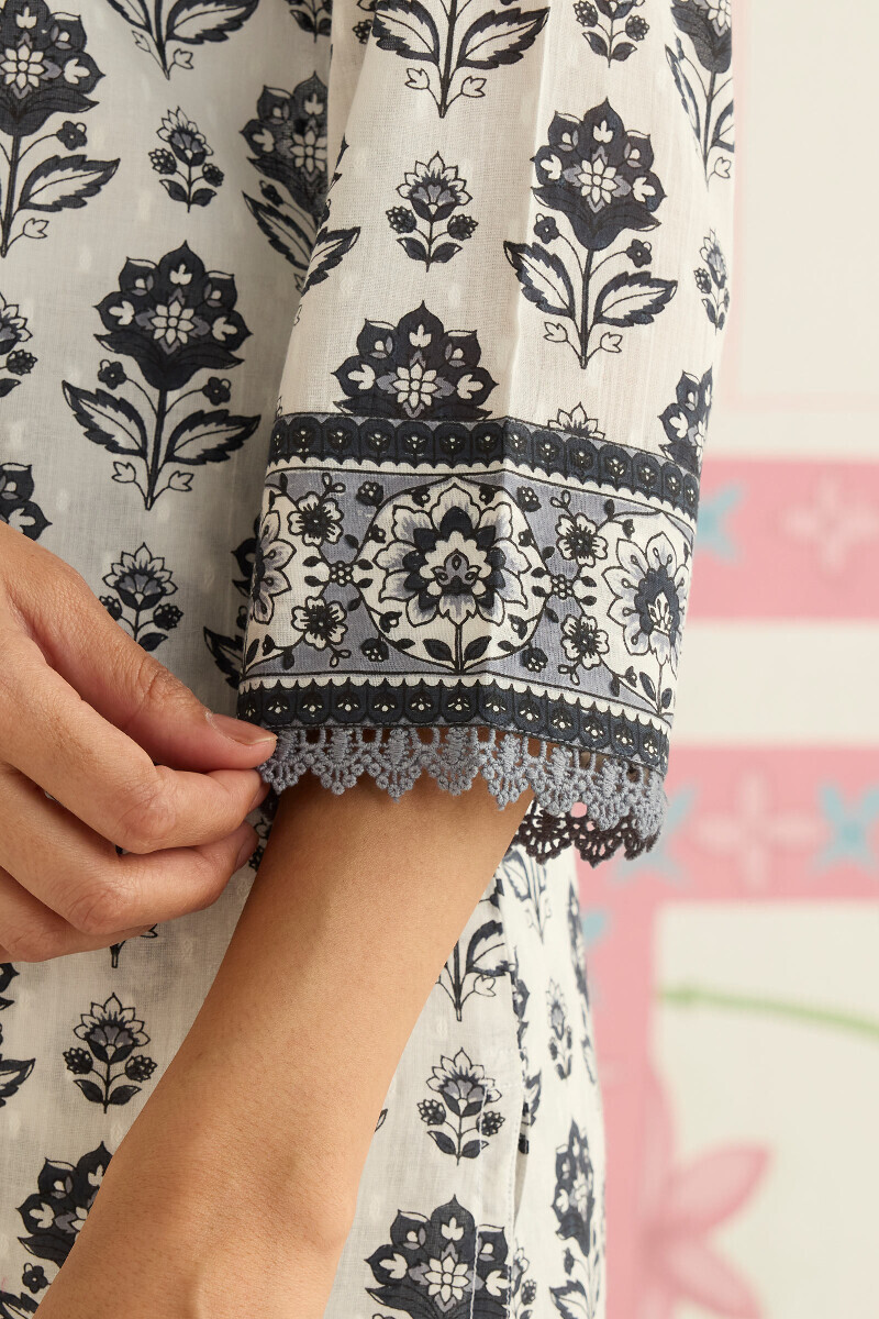 White Hand Printed Straight Cotton Dobby Kurta