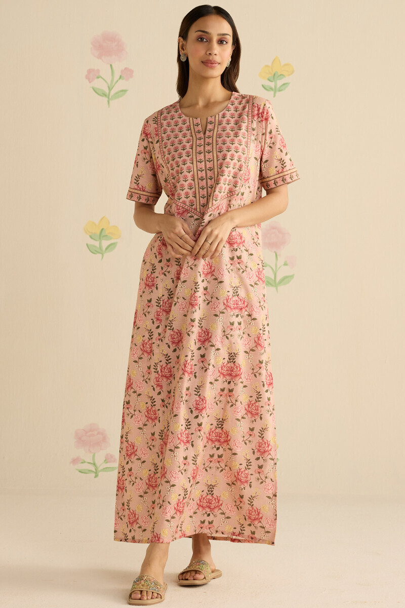 Peach Printed Cotton Kaftan