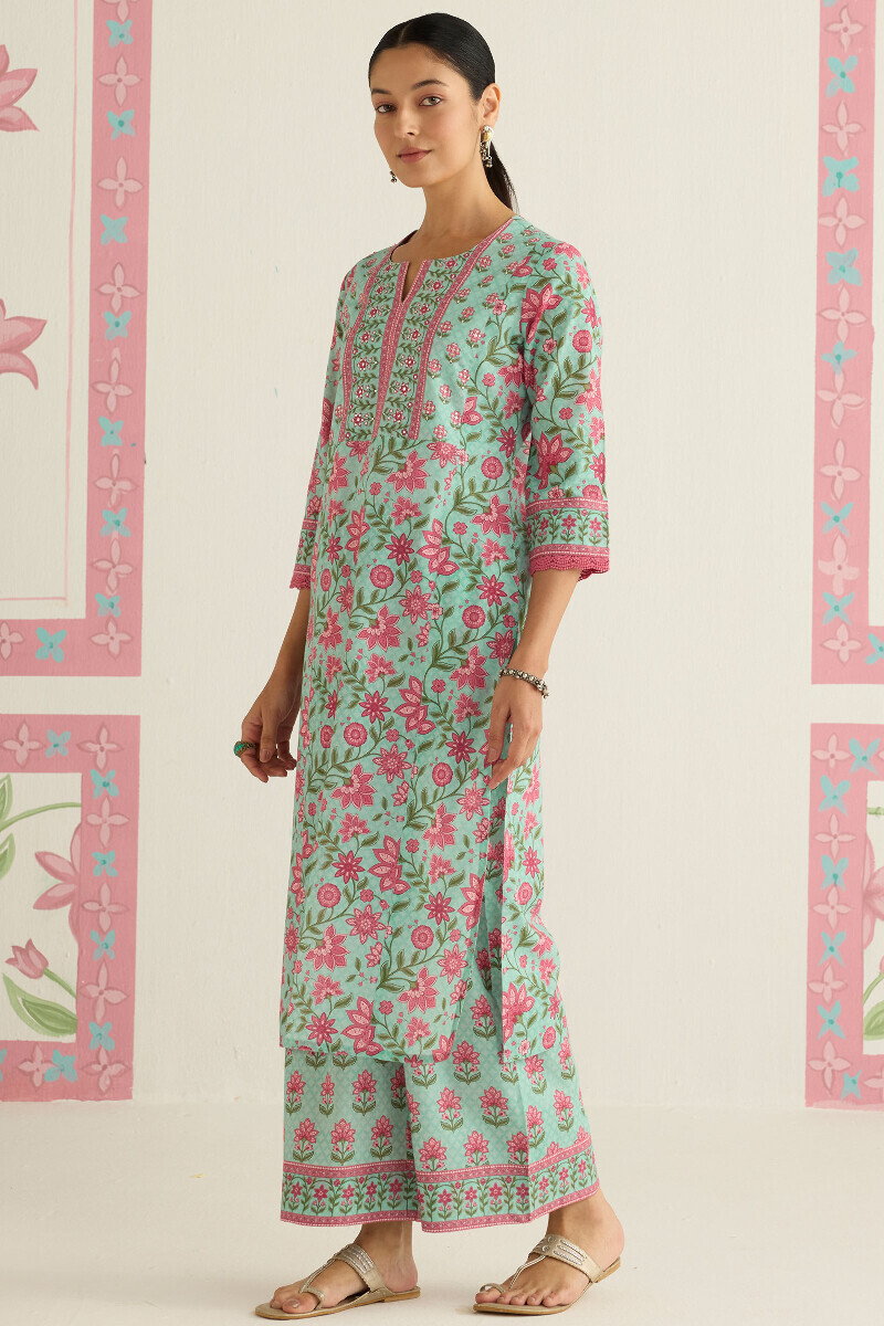 Blue Printed Straight Cotton Kurta