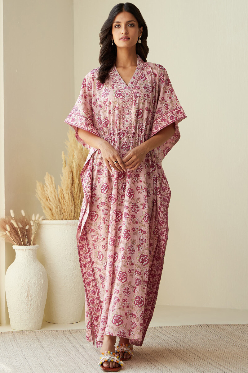 Pink Hand Printed Cotton Mul Kaftan