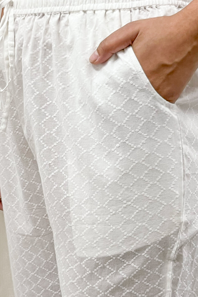 White Handcrafted Cotton Dobby Narrow Pants
