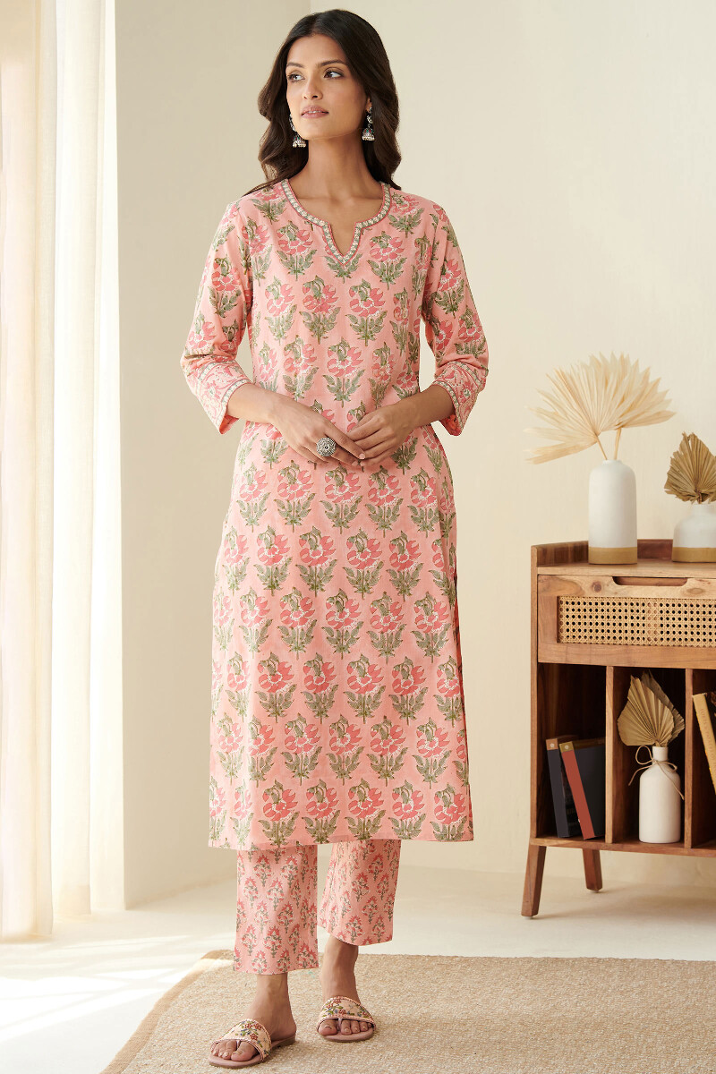 Peach Hand Block-Printed Straight Cotton Kurta