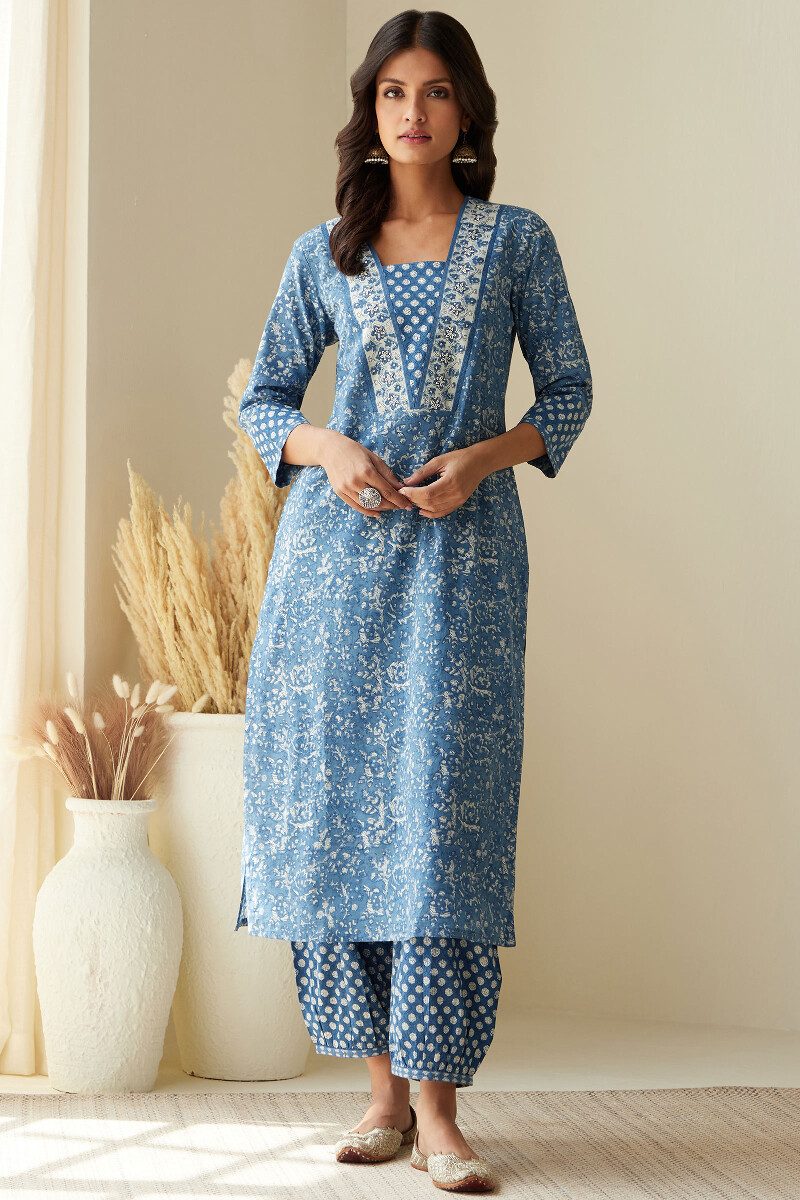 Indigo Hand Block-Printed Straight Cotton Kurta