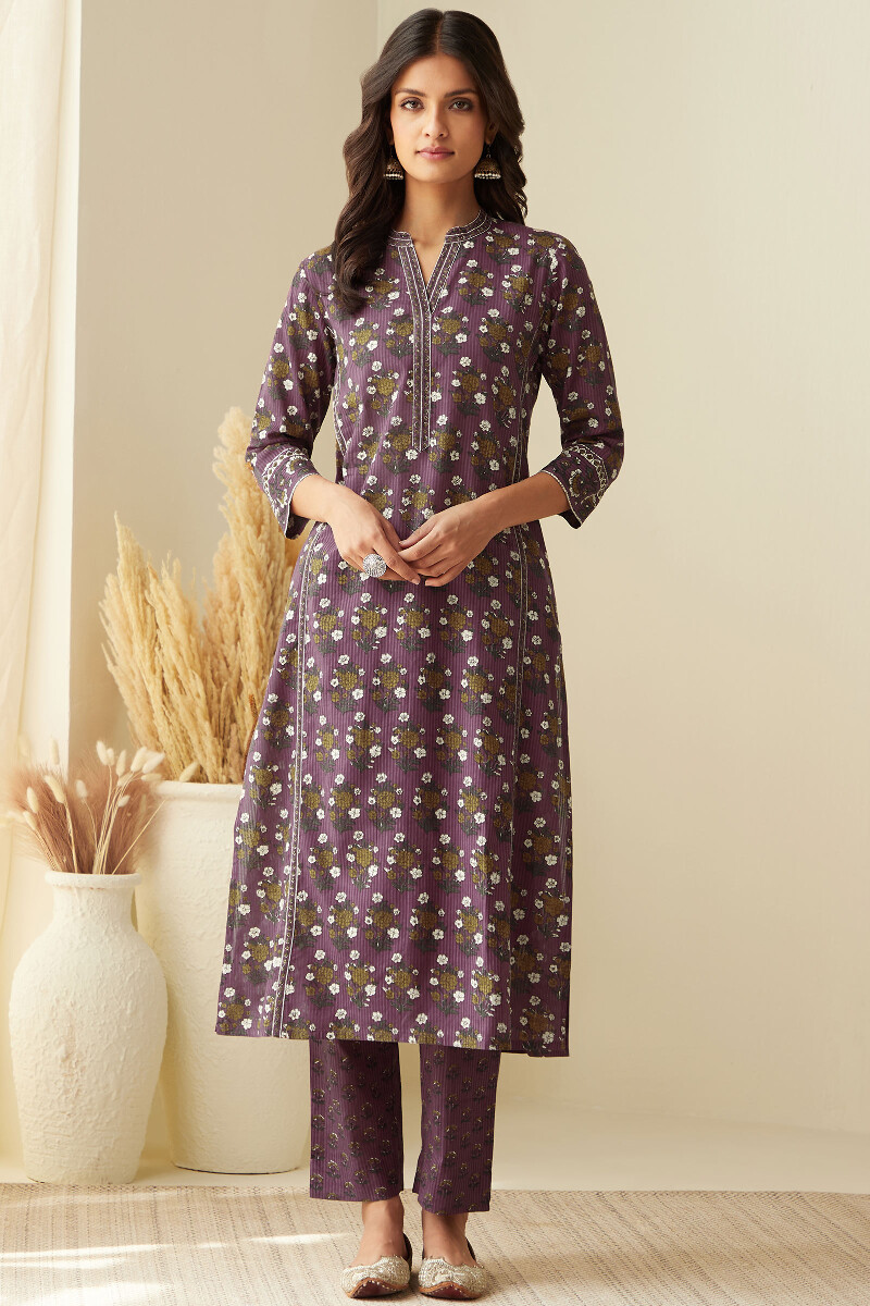 Purple Hand Printed Straight Cotton Dobby Kurta