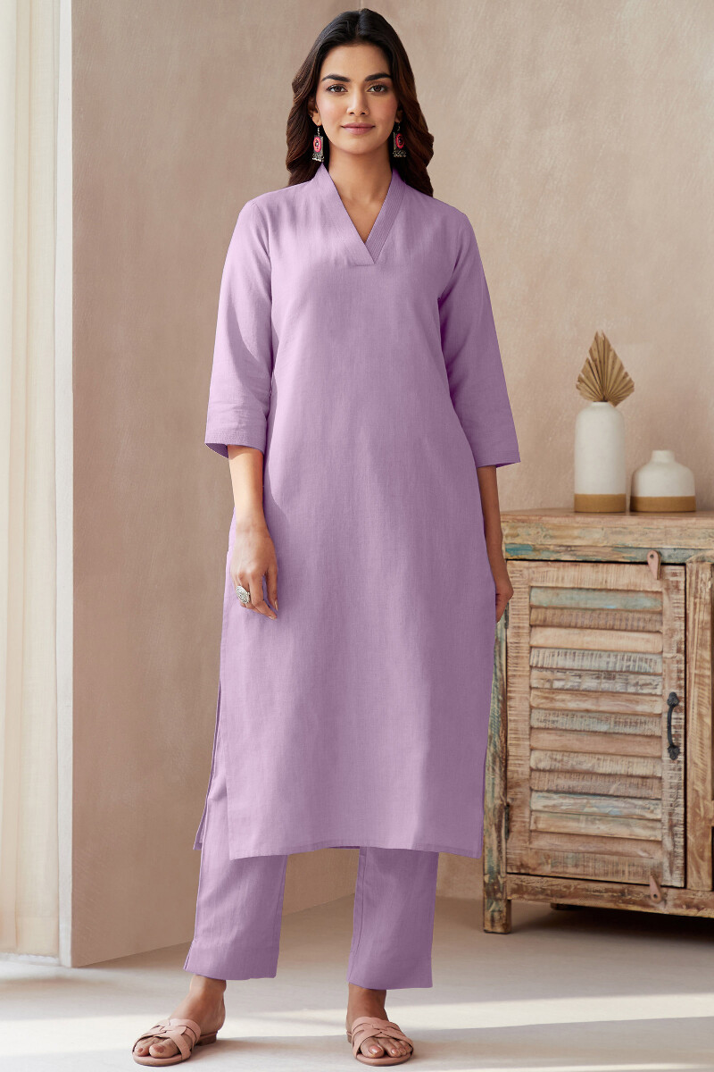 Lavender Handcrafted Straight Cotton Flax Kurta