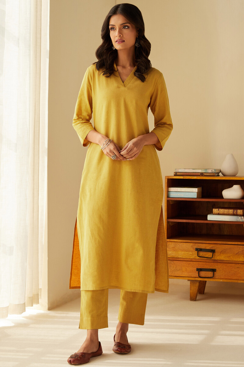 Mustard Handcrafted Straight Cotton Flax Kurta