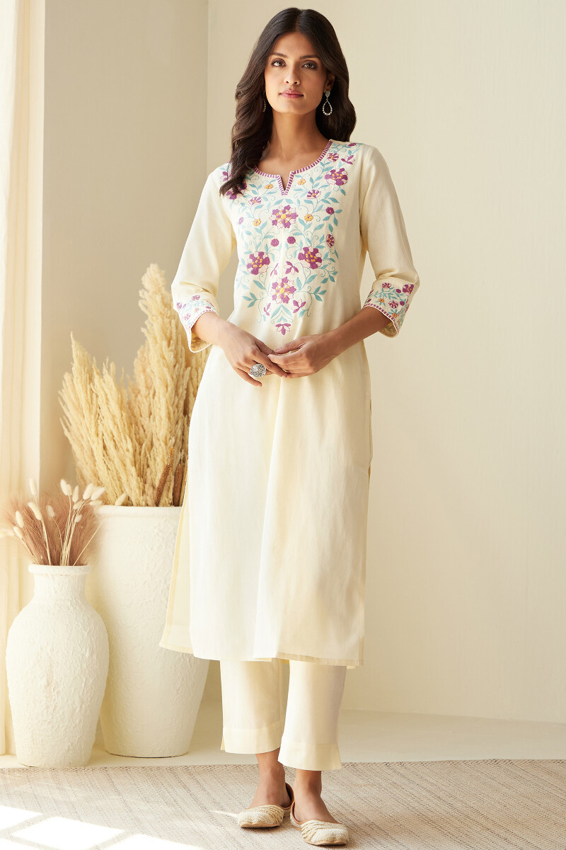 Cream Handcrafted Cotton Flax Narrow Pants