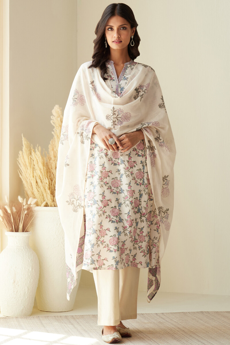Beige Hand Block-Printed Cotton Mul Dupatta