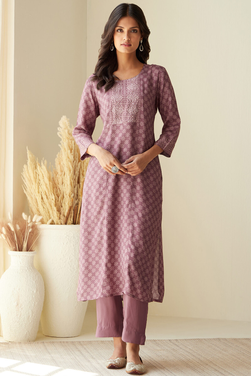 Purple Printed Straight Viscose Kurta
